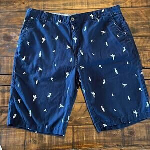 Company Eighty One Men’s Navy Chino Shorts Tropical Birds Long Inseam Size 38